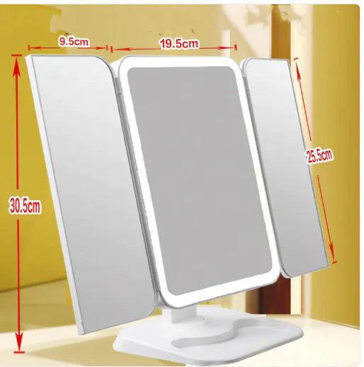 GlowView™ Trifold LED Vanity Mirror – 68 Lights, 10X Zoom, Touch Sensor, 180° Rotation