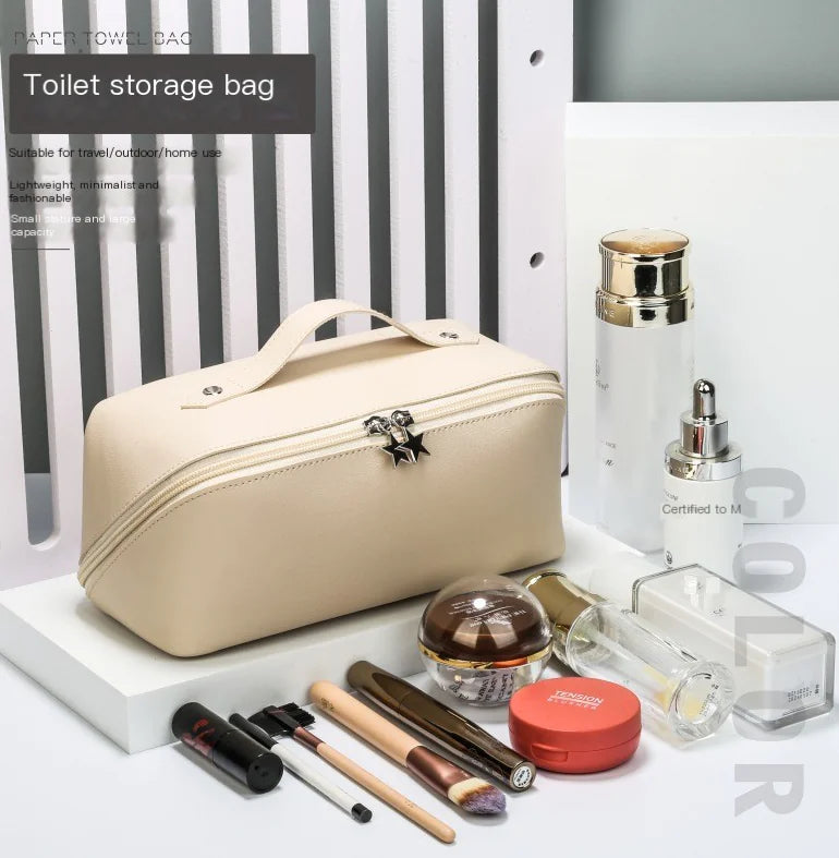 Korean Style Simple Leather Makeup Bag with Large Capacity