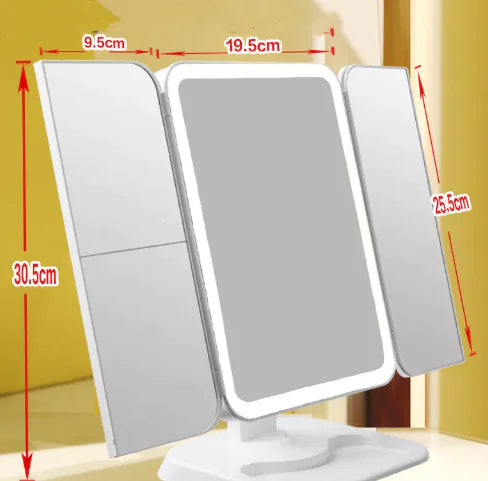 GlowView™ Trifold LED Vanity Mirror – 68 Lights, 10X Zoom, Touch Sensor, 180° Rotation