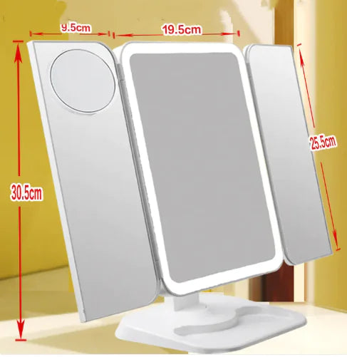GlowView™ Trifold LED Vanity Mirror – 68 Lights, 10X Zoom, Touch Sensor, 180° Rotation