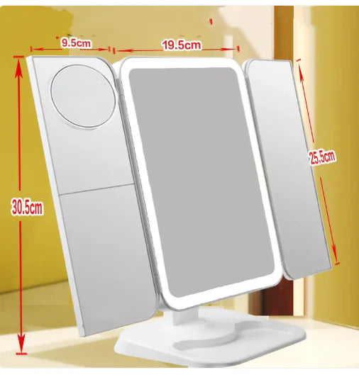 GlowView™ Trifold LED Vanity Mirror – 68 Lights, 10X Zoom, Touch Sensor, 180° Rotation