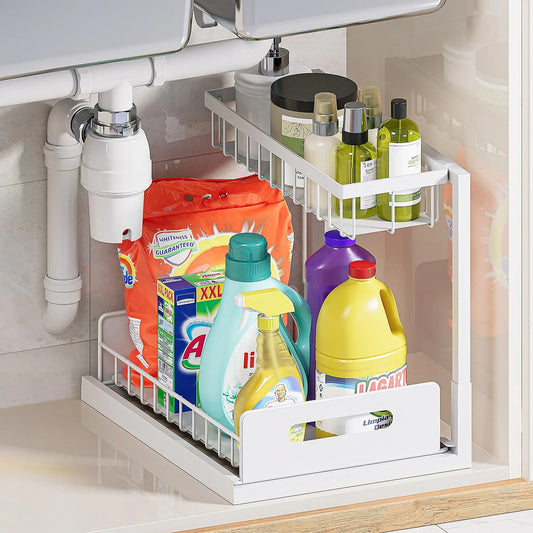 VUSIGN™ Under Sink Storage Organizer – Sliding 2-Tier Shelf Rack for Home & Kitchen