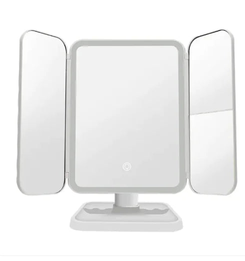 GlowView™ Trifold LED Vanity Mirror – 68 Lights, 10X Zoom, Touch Sensor, 180° Rotation