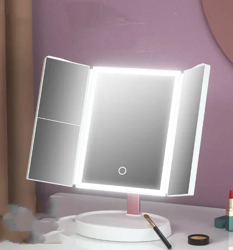 GlowView™ Trifold LED Vanity Mirror – 68 Lights, 10X Zoom, Touch Sensor, 180° Rotation