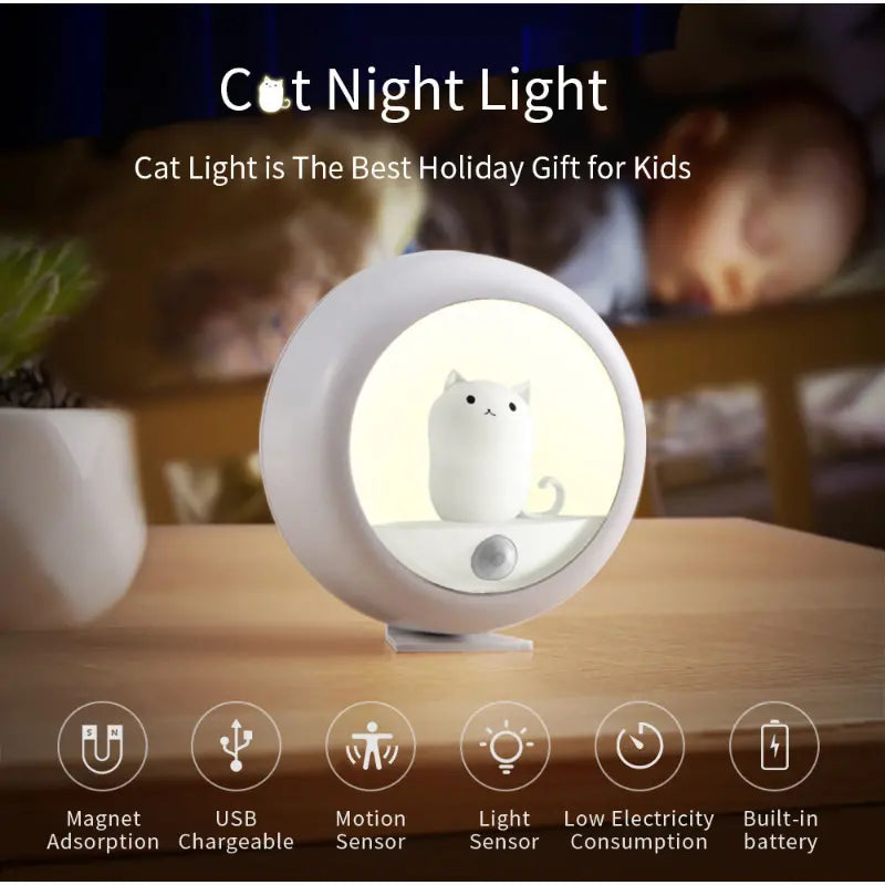 Cute Cat Night Light with Motion Sensor, Battery Operated